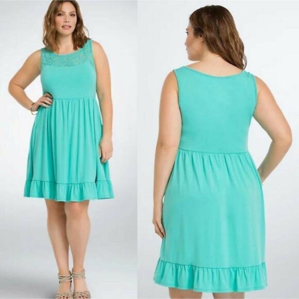 Torrid Aqua Teal Lace Yoke Ruffle Hem Skater Dress Sleeveless Plus Size 00 M/L